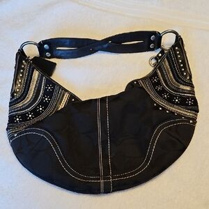 Coach Black Hobo Bag with White Contrast Stitching and Studs